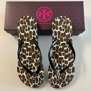 Tory Burch Black / Leopard Print Flip Flops